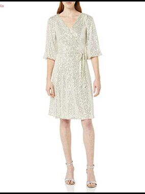 3/4 Balloon Sleeve Surplice Neck Knee Length Belted Sequin Dress
